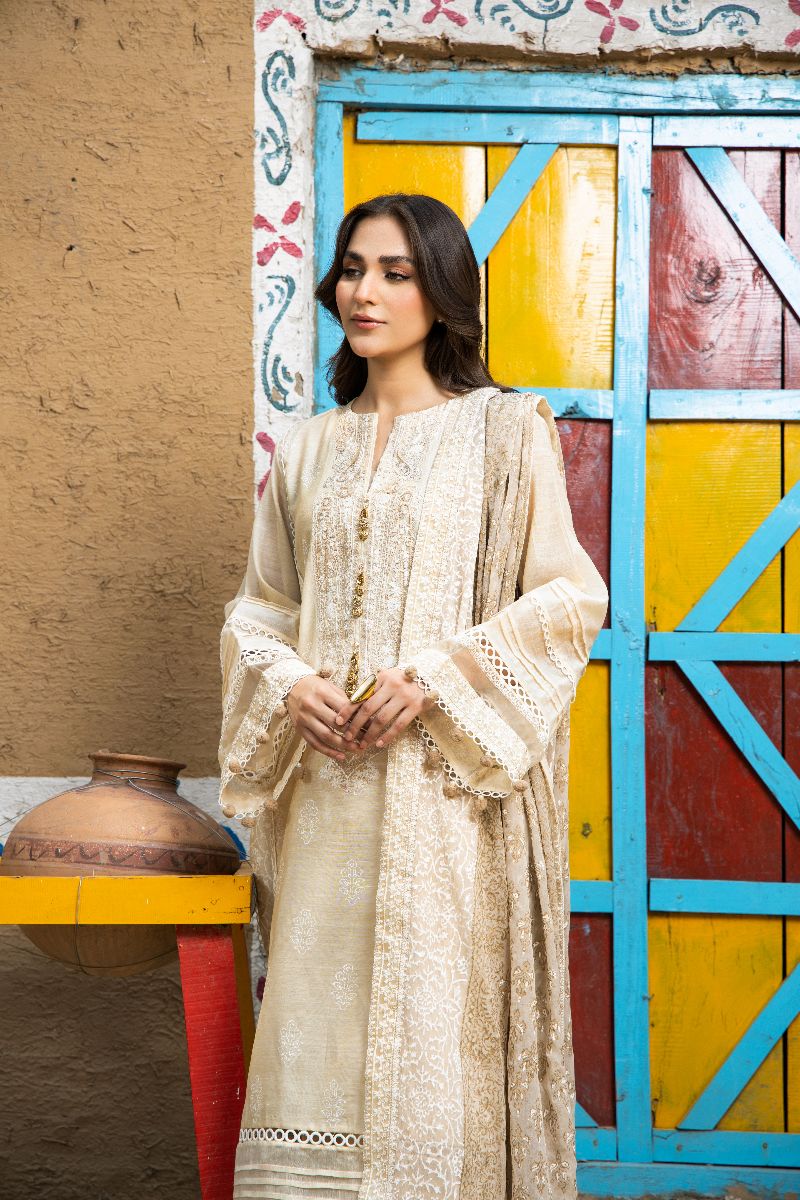 Laleen - Glided Glow Cotton Silk Suit For Women - Beige - 3 Piece
