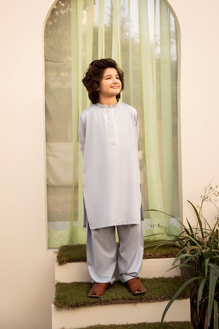 Hummingbirds - Silver Grey Embroidered Boski Suit For Boy