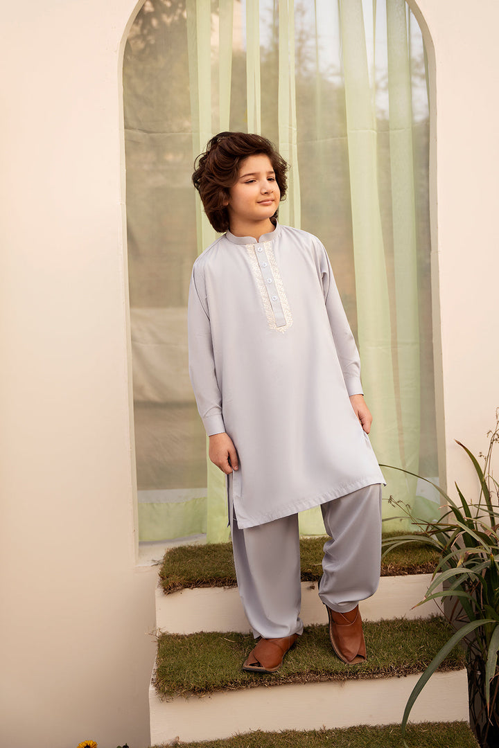 Hummingbirds - Silver Grey Embroidered Boski Suit For Boy