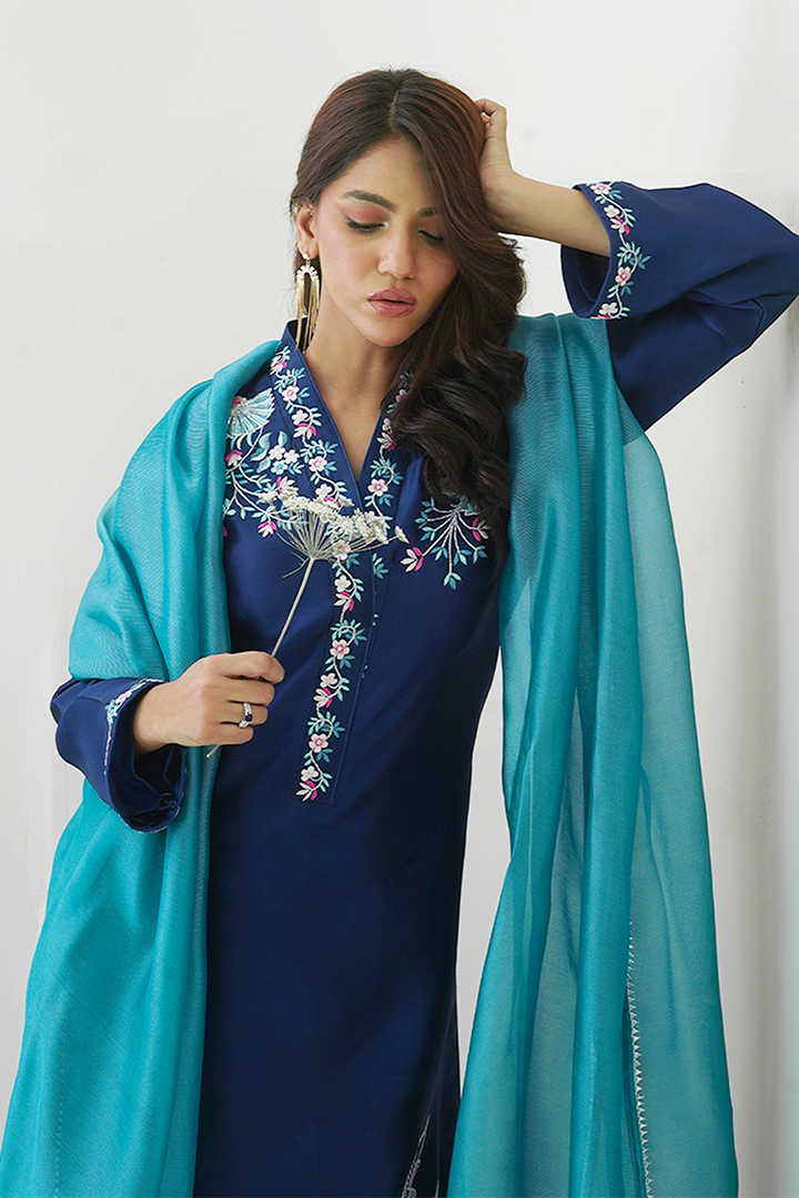 Gul E Noor - Pariwash - Royal Blue - Pure Sheesha Silk - 3 Piece