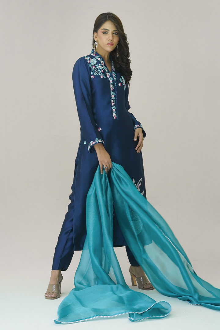 Gul E Noor - Pariwash - Royal Blue - Pure Sheesha Silk - 3 Piece
