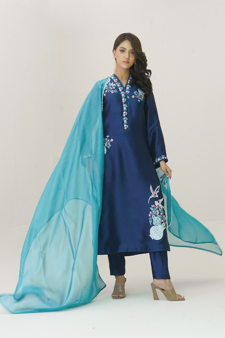 Gul E Noor - Pariwash - Royal Blue - Pure Sheesha Silk - 3 Piece