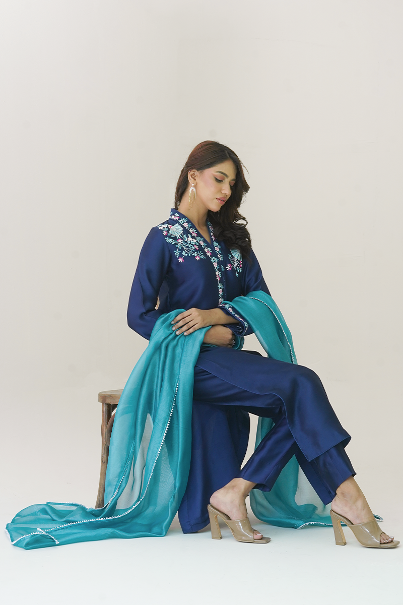 Gul E Noor - Pariwash - Royal Blue - Pure Sheesha Silk - 3 Piece