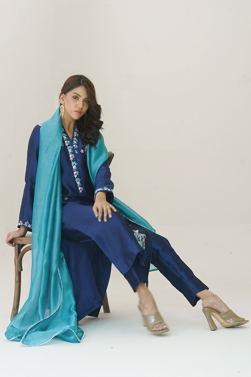 Gul E Noor - Pariwash - Royal Blue - Pure Sheesha Silk - 3 Piece