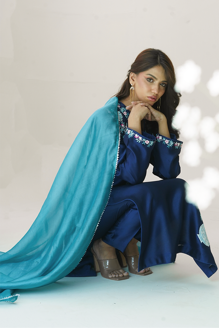 Gul E Noor - Pariwash - Royal Blue - Pure Sheesha Silk - 3 Piece