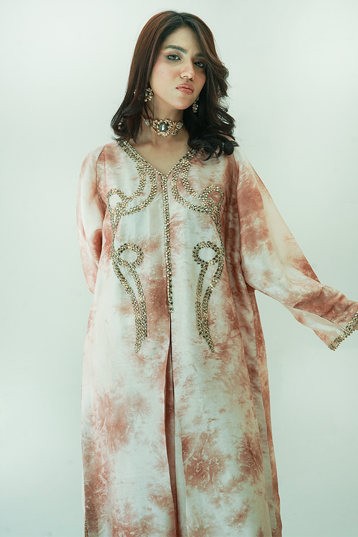 Gul E Noor - Pearl Gold - Beige and Brown - Butter Silk - 2 Piece