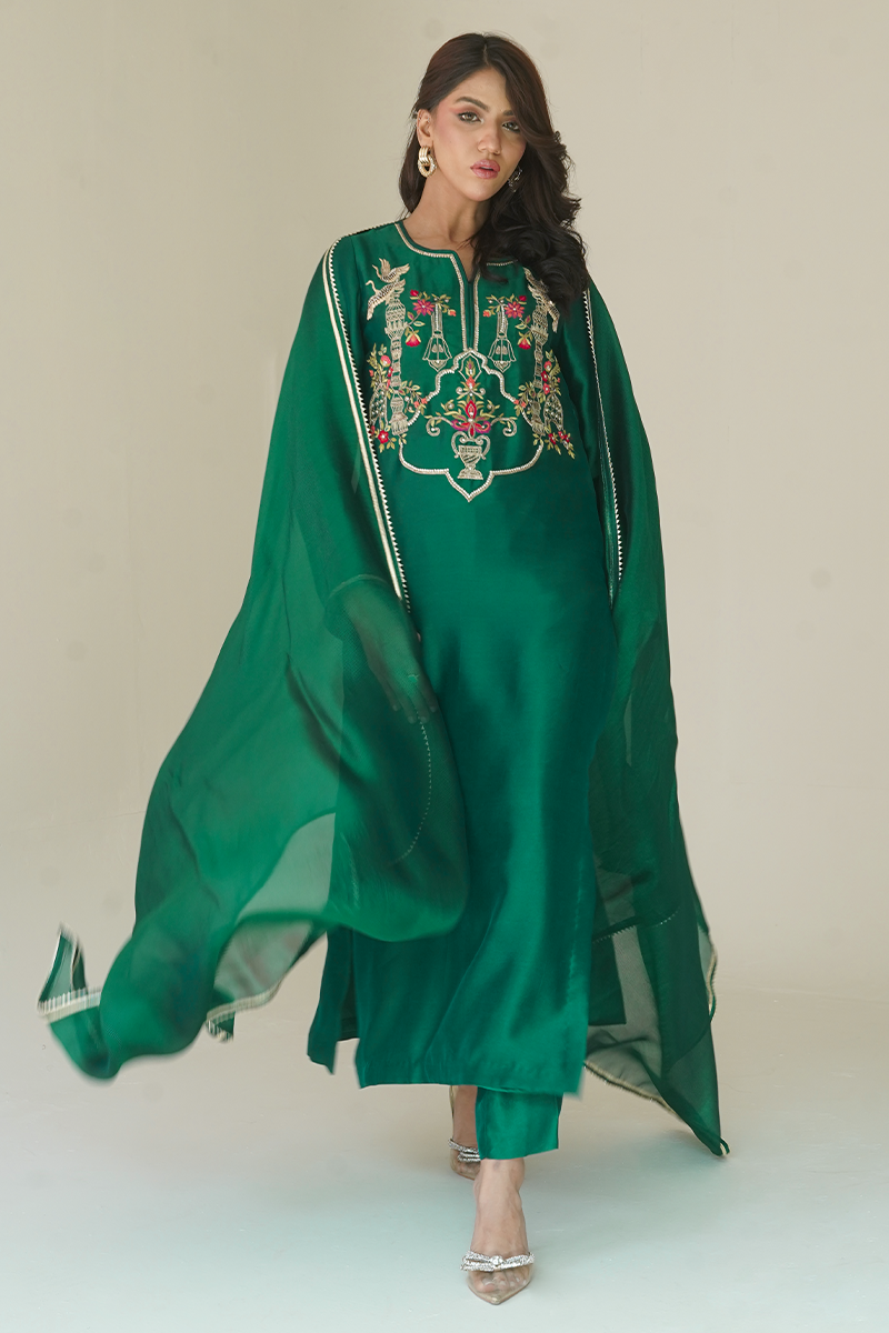 Gul E Noor - Tanish - Green - Pure Sheesha Silk - 3 Piece