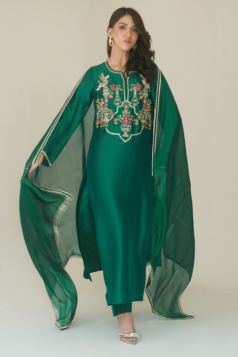 Gul E Noor - Tanish - Green - Pure Sheesha Silk - 3 Piece
