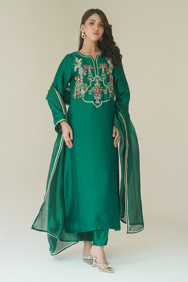 Gul E Noor - Tanish - Green - Pure Sheesha Silk - 3 Piece