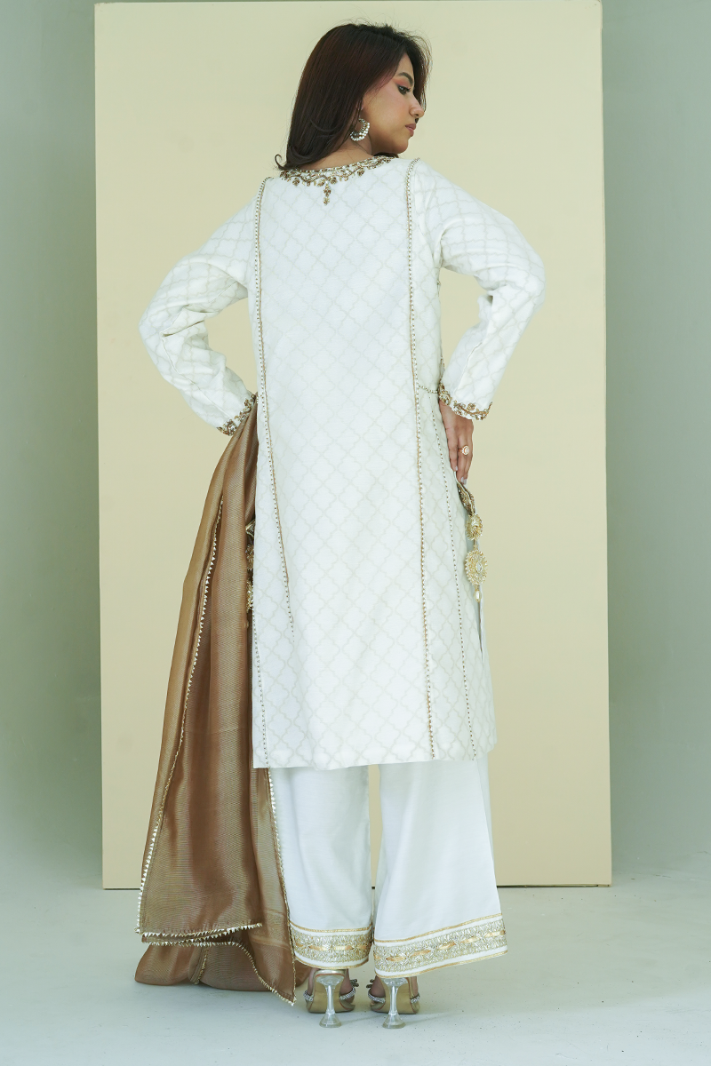 Gul E Noor - Zaraq - White and Brown - Banarasi Cotton - 3 Piece