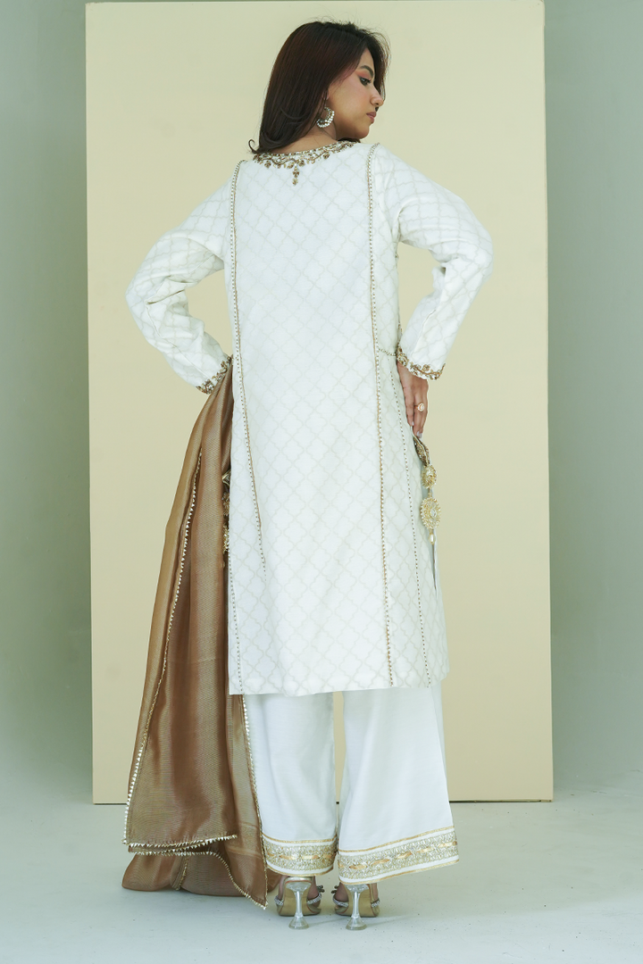 Gul E Noor - Zaraq - White and Brown - Banarasi Cotton - 3 Piece