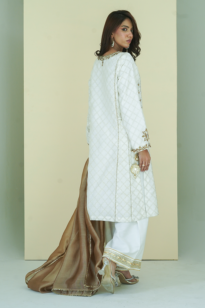 Gul E Noor - Zaraq - White and Brown - Banarasi Cotton - 3 Piece