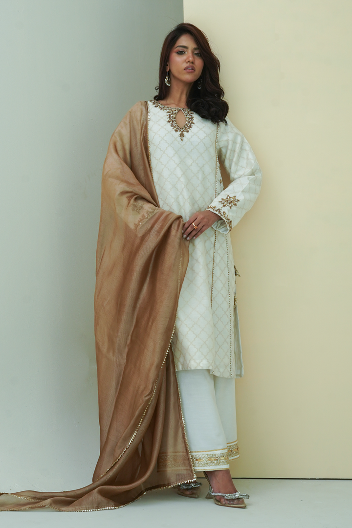 Gul E Noor - Zaraq - White and Brown - Banarasi Cotton - 3 Piece