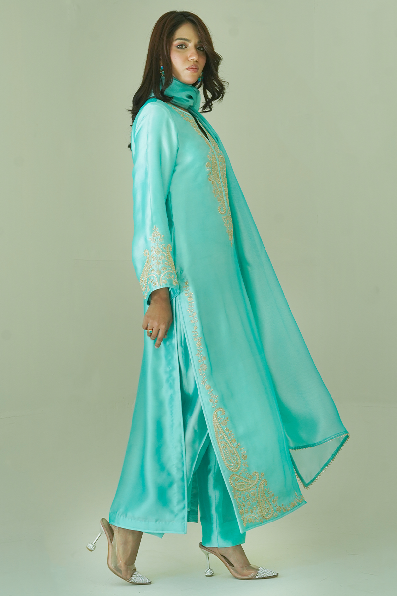 Gul E Noor - Zarri Long Mint - Pure Sheesha Silk - 3 Piece