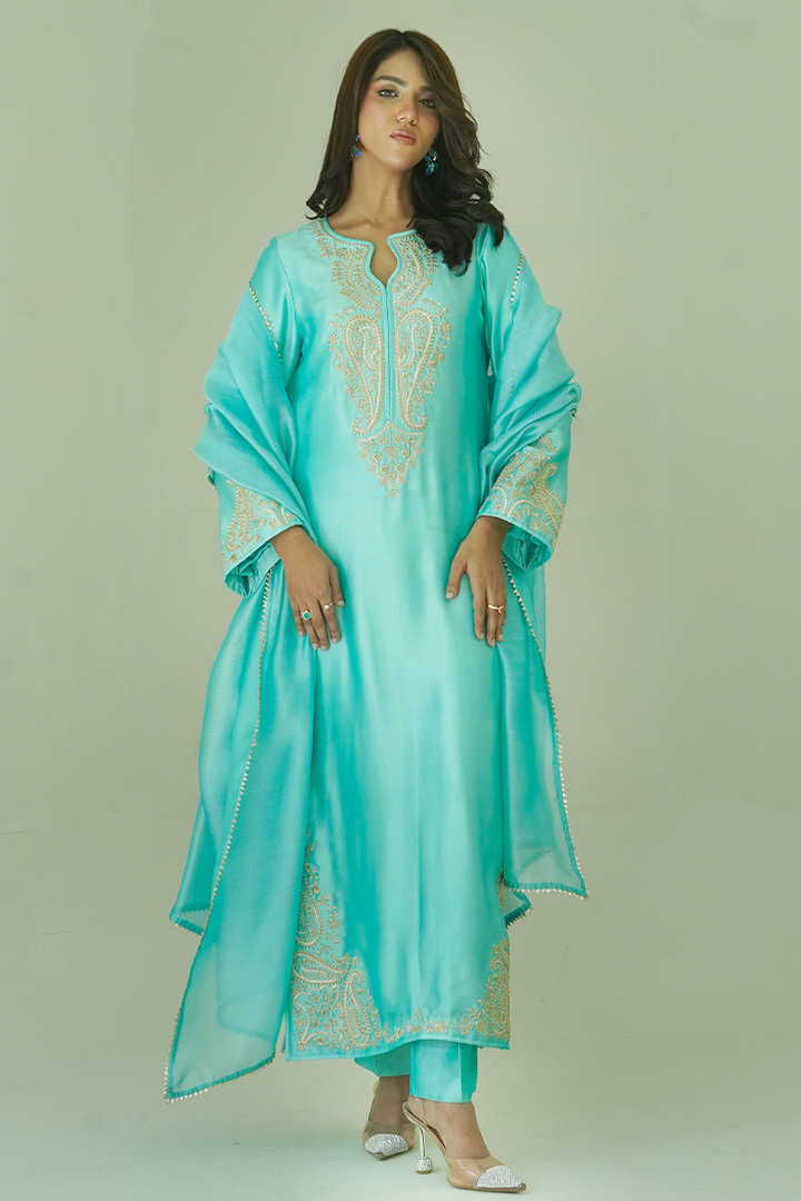Gul E Noor - Zarri Long Mint - Pure Sheesha Silk - 3 Piece