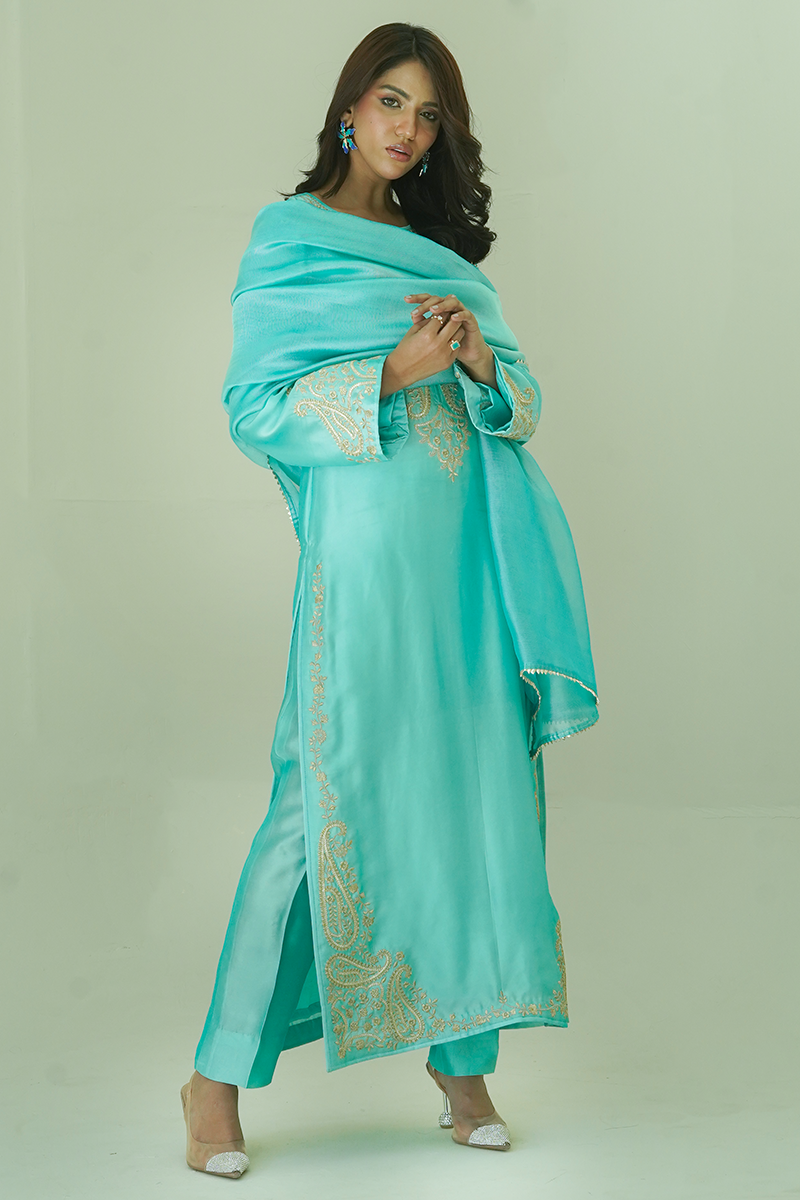 Gul E Noor - Zarri Long Mint - Pure Sheesha Silk - 3 Piece