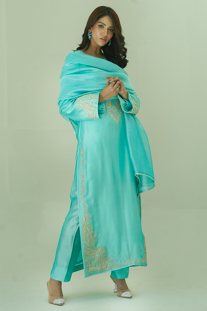 Gul E Noor - Zarri Long Mint - Pure Sheesha Silk - 3 Piece
