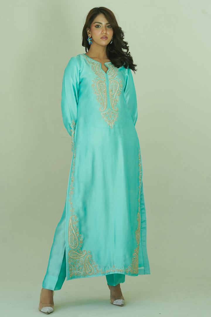 Gul E Noor - Zarri Long Mint - Pure Sheesha Silk - 3 Piece