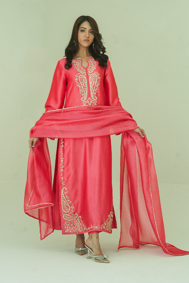 Gul E Noor - Zarri Long Pink - Pure Sheesha Silk - 3 Piece