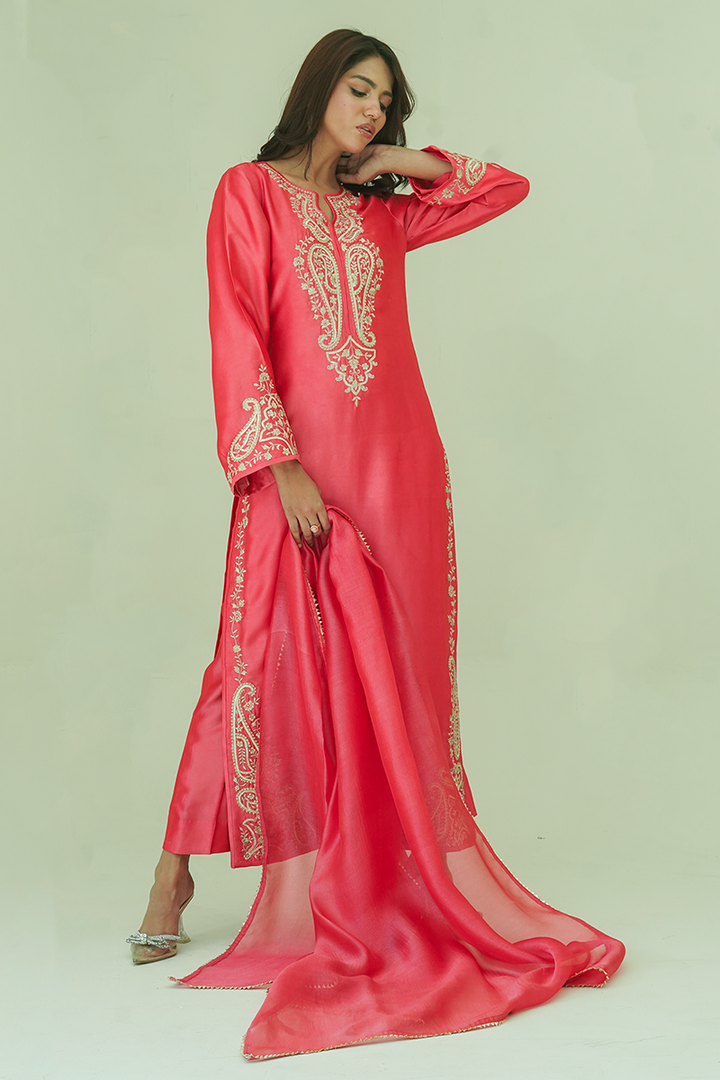 Gul E Noor - Zarri Long Pink - Pure Sheesha Silk - 3 Piece