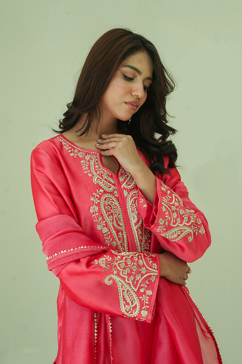 Gul E Noor - Zarri Long Pink - Pure Sheesha Silk - 3 Piece