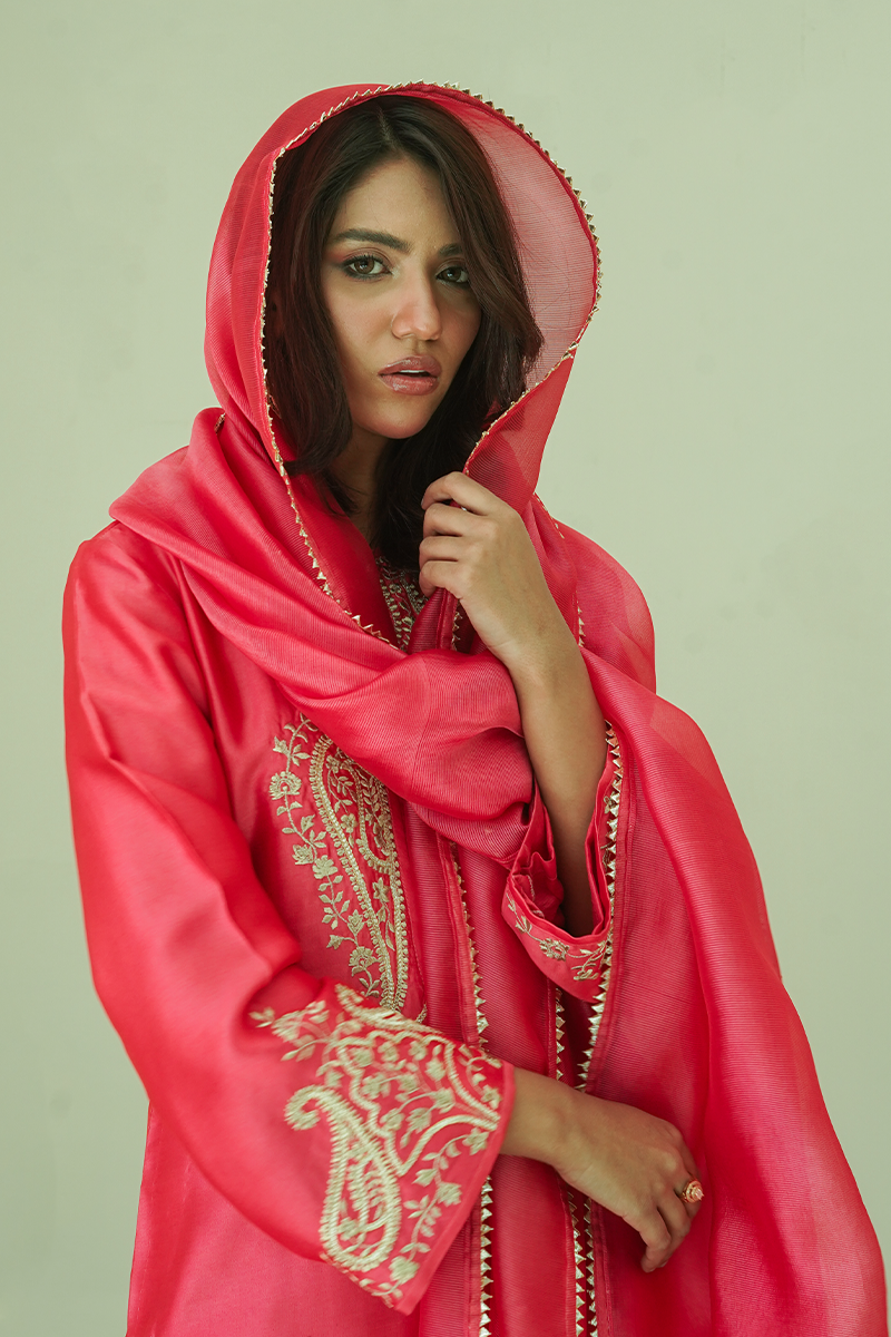 Gul E Noor - Zarri Long Pink - Pure Sheesha Silk - 3 Piece