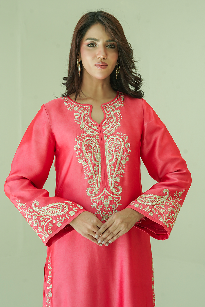 Gul E Noor - Zarri Long Pink - Pure Sheesha Silk - 3 Piece