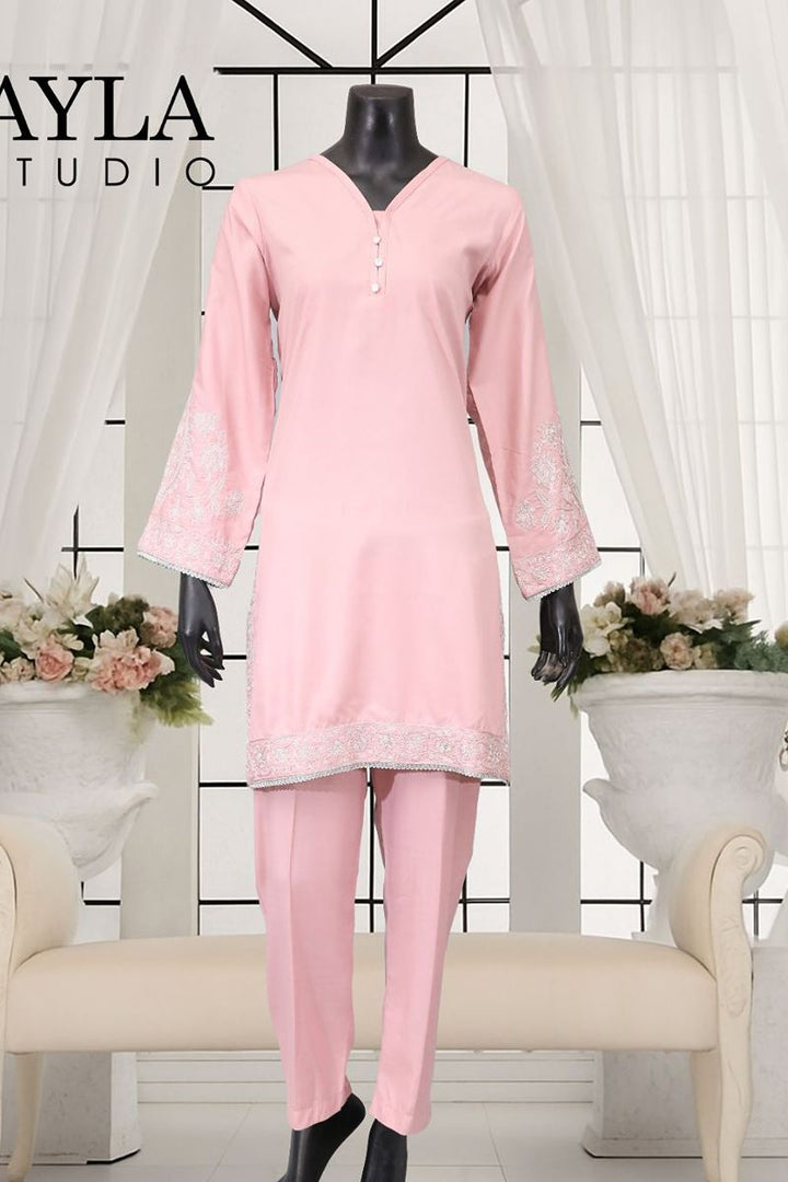 Ayla Studio - 2-Piece Solid Embroidered Suit - GULBADAN - SOFT PINK - Wash & Wear