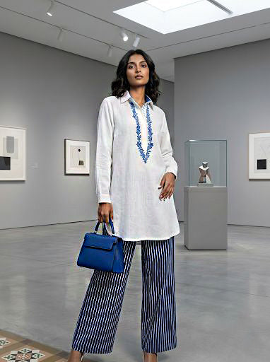 Gulabo - Azure Ease Pure Egyption Cotton Lawn & Bosky Set For Women - White Navy - 2 Piece