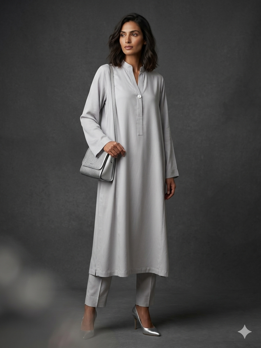 Gulabo - Blended Satin Moonflower Co-Ord For Women - Silver Grey - 2 Piece