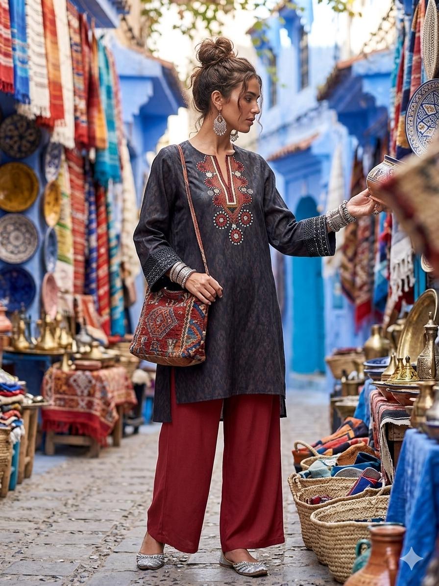 Gulabo - Bosky Kuchi Tunic Pant For Women - Black - 2 Piece