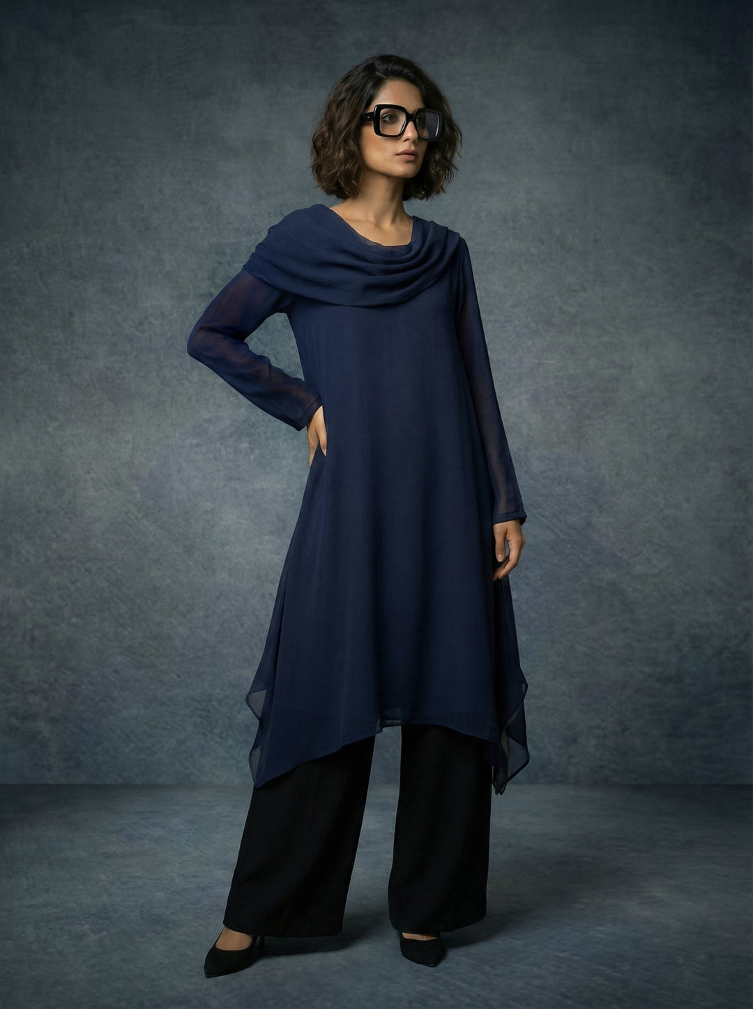 Gulabo - Celine Set Blended Chiffon Suit For Women - Navy Grey - 2 Piece