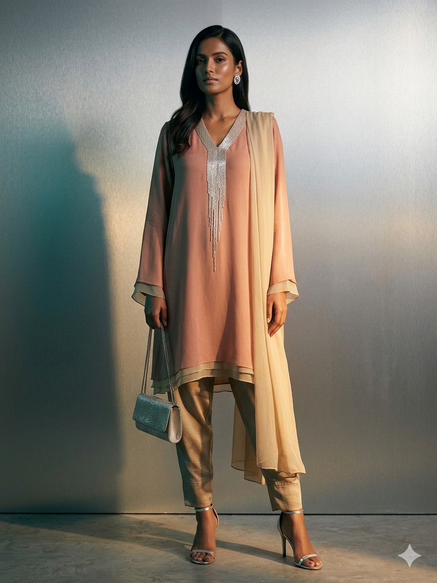 Gulabo - Chiffon + Satin Blush Cascade Set For Women - Muted Coral - 3 Piece