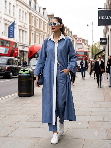 Gulabo - Cotton Denim Skyline Set For Women - Blue White - 2 Piece