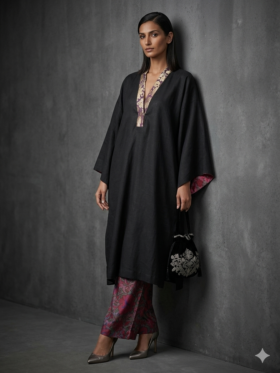 Gulabo - Cotton Irish Celtic Tunic Kaftan For Women - Black + Multi - 1 Piece