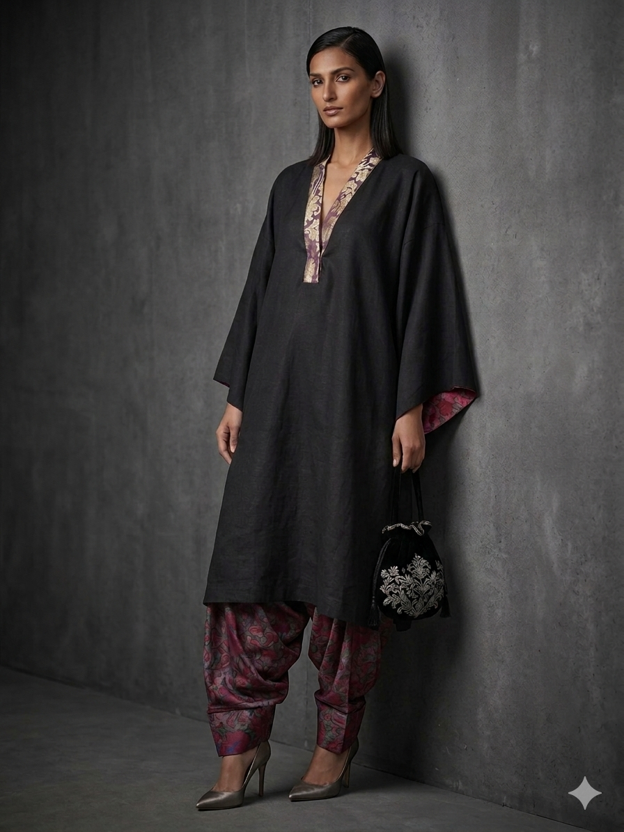 Gulabo - Cotton Irish Celtic Tunic Kaftan For Women - Black + Multi - 1 Piece
