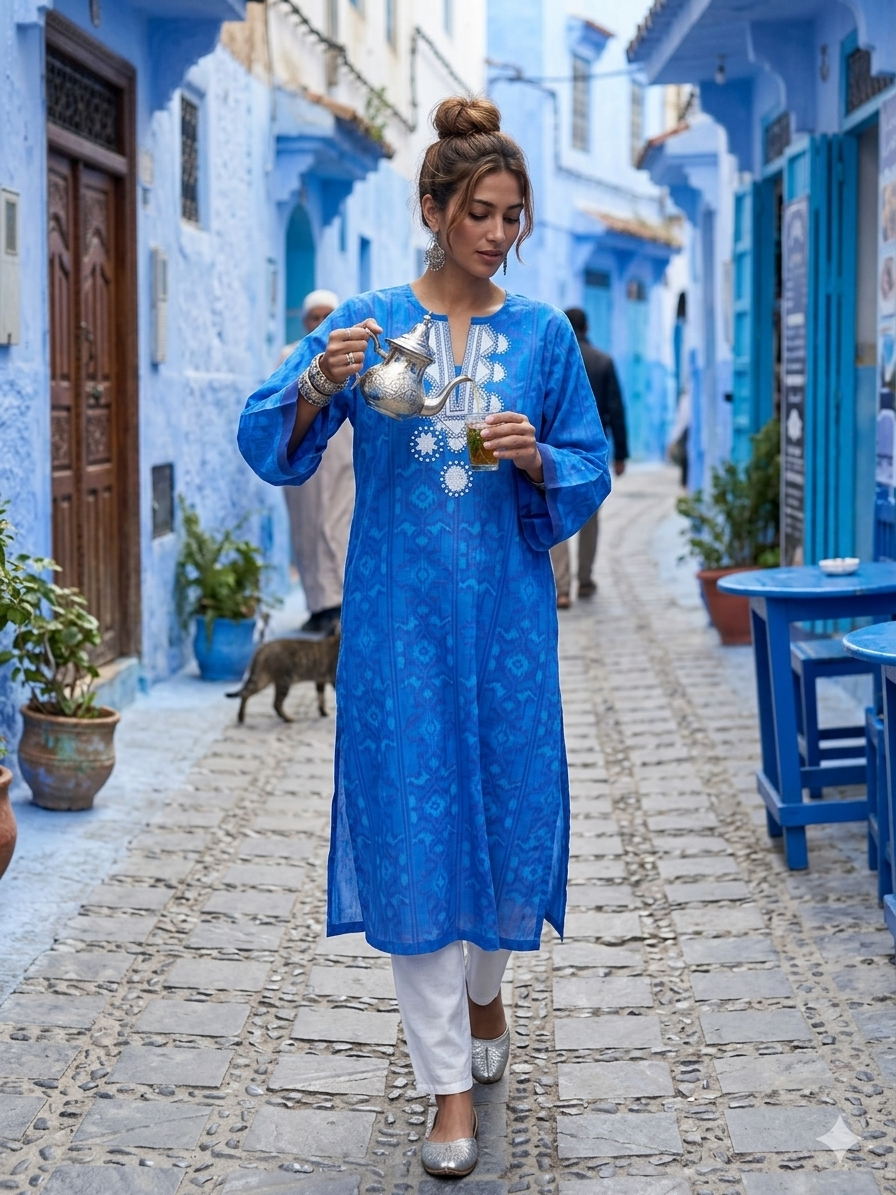 Gulabo - Cotton Lawn Cobalt Wave Kurta For Women - Blue - 1 Piece
