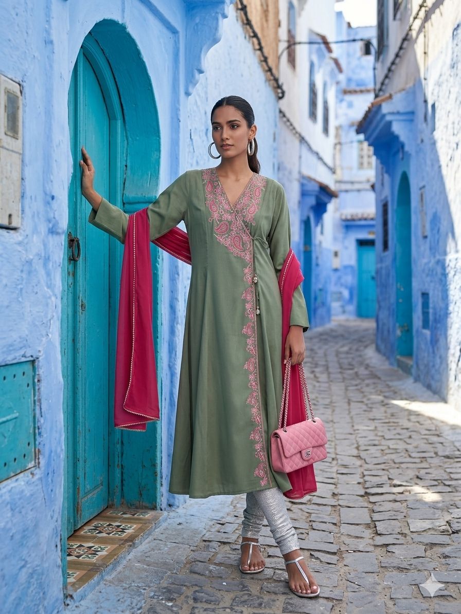 Gulabo - Cotton Swiss Lawn Bloom Kaftan For Women - Olive - 3 Piece