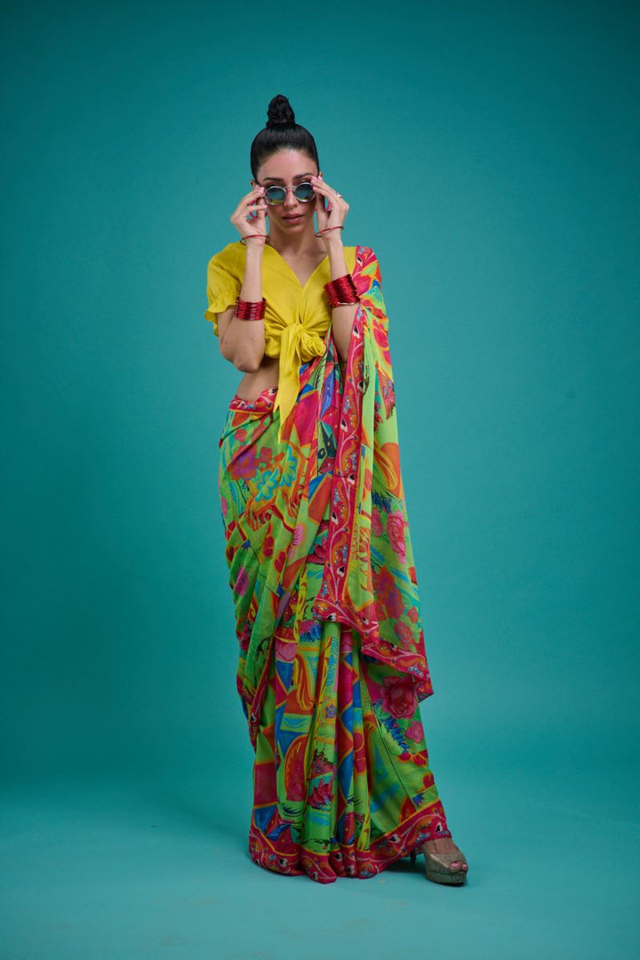 Gulabo - ELIRA SARI - Blended Chiffon - Green & Multi - 1 Piece