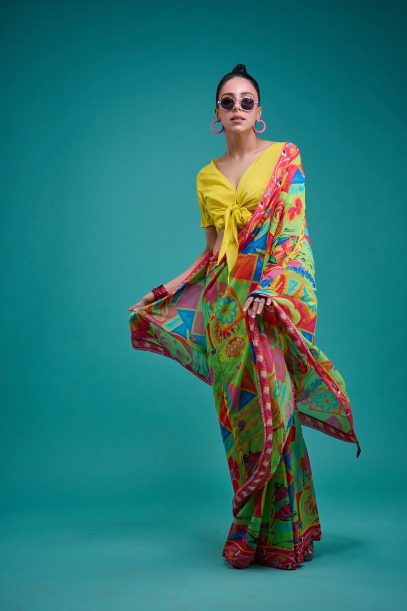 Gulabo - ELIRA SARI - Blended Chiffon - Green & Multi - 1 Piece