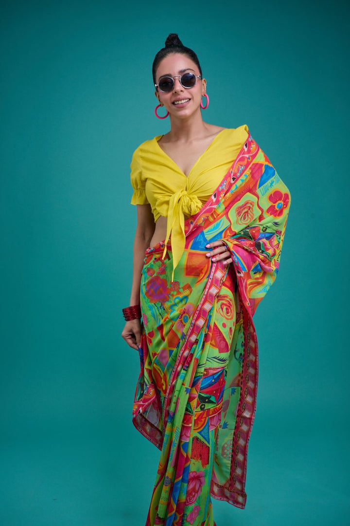Gulabo - ELIRA SARI - Blended Chiffon - Green & Multi - 1 Piece
