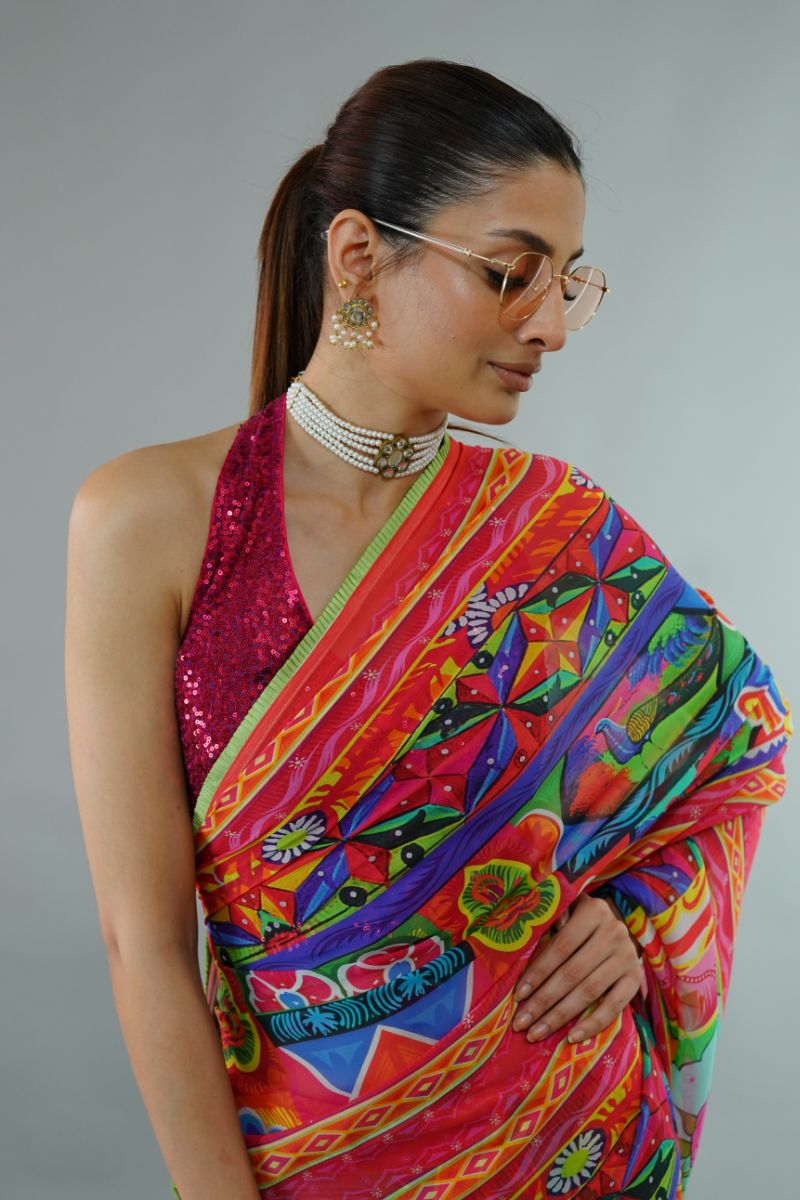 Gulabo - FREYA SARI - Blended Chiffon - TRUCK ART RED - 1 Piece