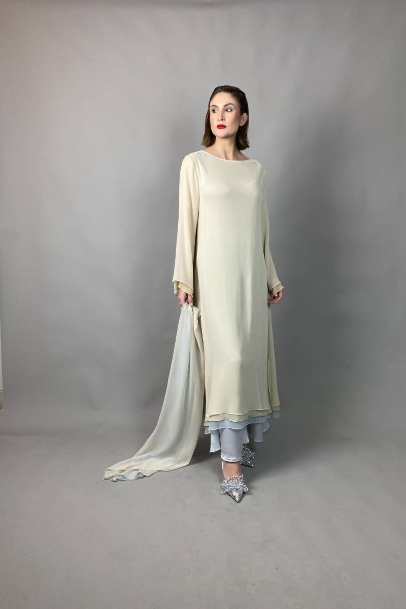 Gulabo - IVORY DREAM - Blended Chiffon + Satin Silk - Cream/Grey - 3 Piece