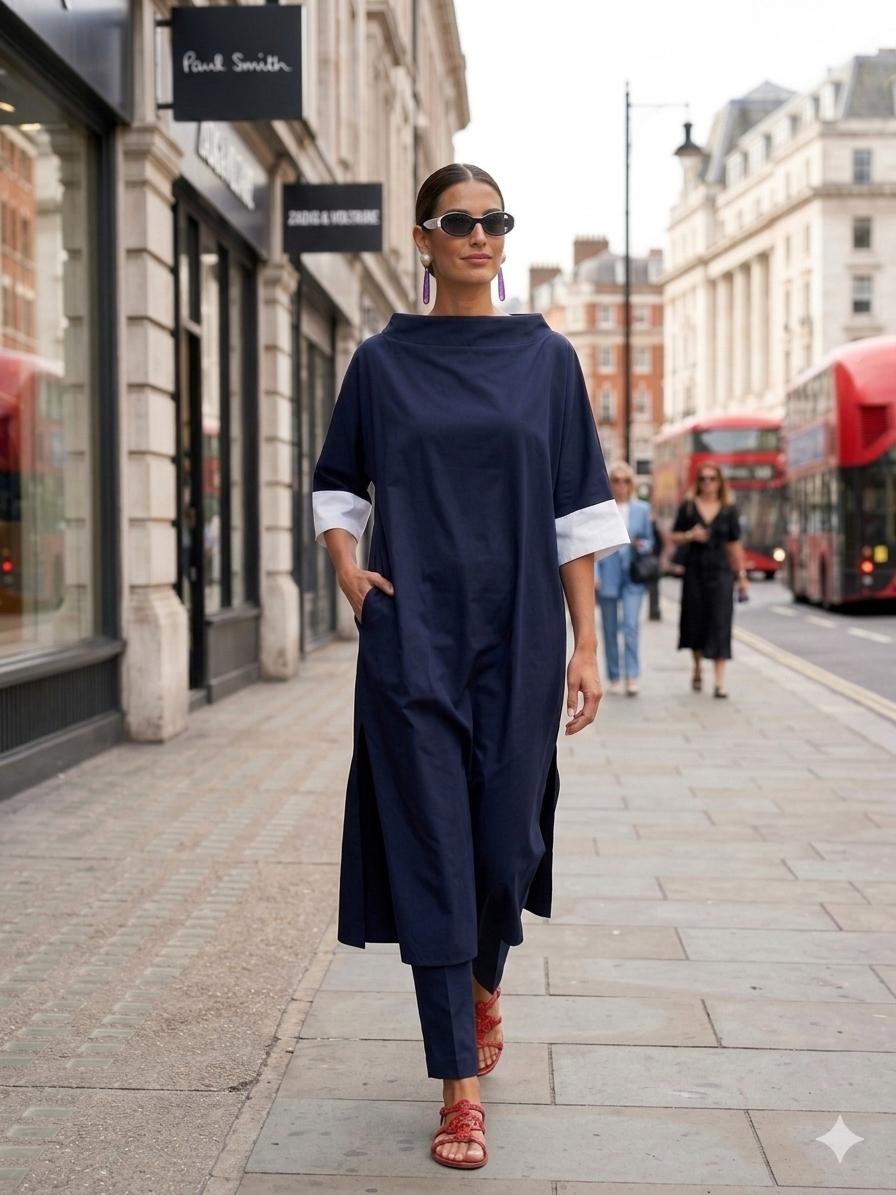 Gulabo - Navy Noir Cotton Stretch Dress For Women - Navy White - 2 Piece