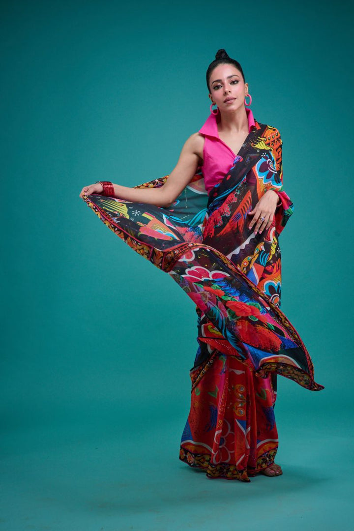 Gulabo - SORAYA SARI - Blended Chiffon - Black & Multi - 1 Piece