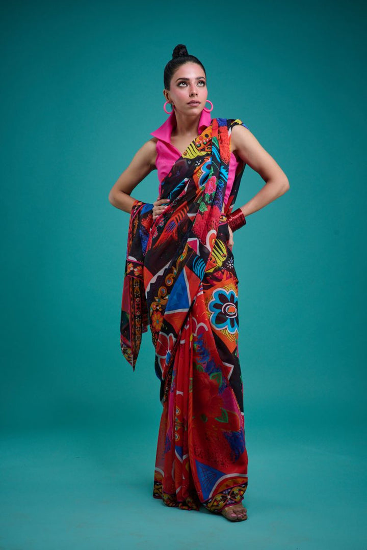 Gulabo - SORAYA SARI - Blended Chiffon - Black & Multi - 1 Piece