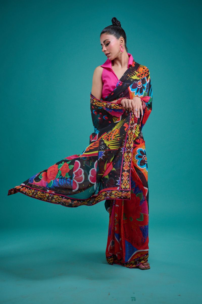 Gulabo - SORAYA SARI - Blended Chiffon - Black & Multi - 1 Piece