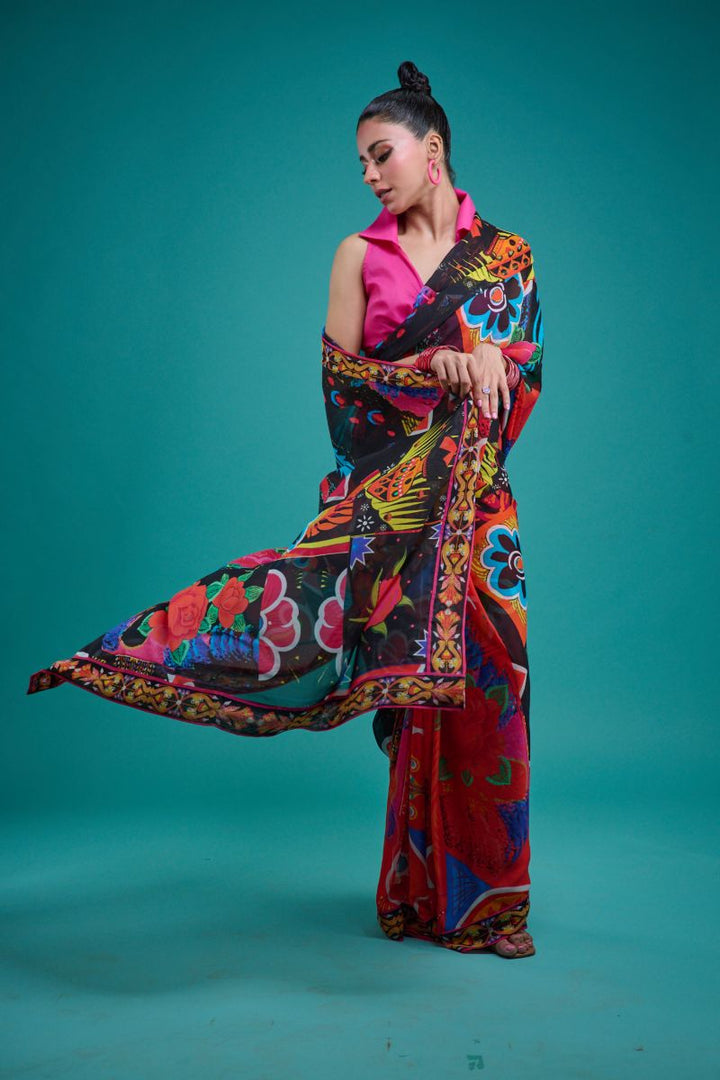 Gulabo - SORAYA SARI - Blended Chiffon - Black & Multi - 1 Piece