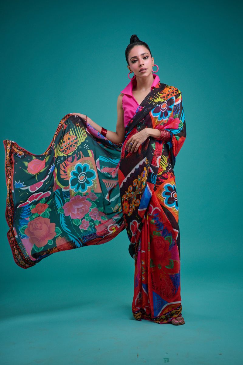 Gulabo - SORAYA SARI - Blended Chiffon - Black & Multi - 1 Piece