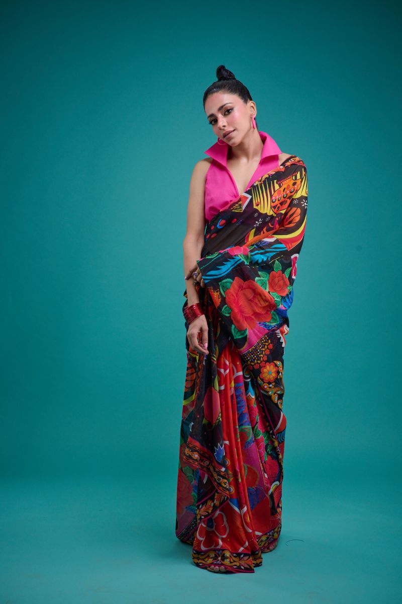 Gulabo - SORAYA SARI - Blended Chiffon - Black & Multi - 1 Piece